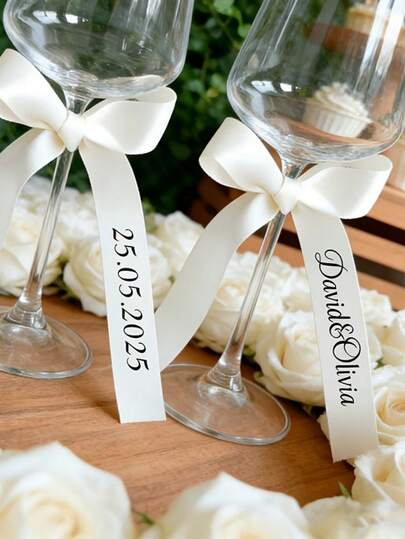 1 pieza Etiqueta de cinta de satén personalizada, 1 pieza Cinta de seda personalizada con texto personalizado, Lazo de cinta de satén personalizada para copa de vino, Lazo para flauta de champán de boda, Lazo de cinta de satén personalizada, Adecuado para decoración de fiesta/boda/vacaciones