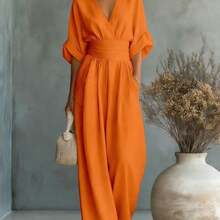 2026 New Women's Linen-Blend Jumpsuit, Deep V-Neck Half-Sleeve Belt Wide-Leg Pants, Elegant Casual Jumpsuit With Pockets, Suitable For Daily Wear In Summer Vacation - 橘色 - 查看 1