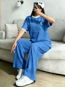 Set de 2 piezas para mujer con camiseta de manga corta de unicolor y pantalones con cordón en la cintura, estilo casual - Azul - Ver 1