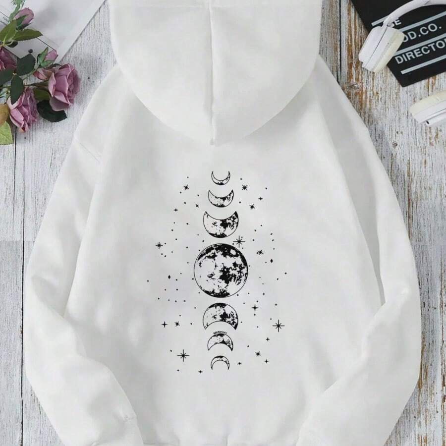 2026 New Hoodies With Different Moon Prints, Front And Back Printed Hoodies Casual And Fashionable Y2K Women's Clothing High Street Tops Hoodies Summer Clothes Western Outfits For Women Summer Outfits For Women Jackets Sweater Jackets For Women - DW340a-白色-WY-YSM - 查看 1