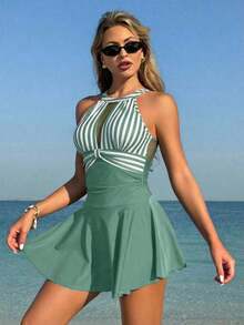 Swim Lushoire Vestido de baño casual de verano con estampado de rayas, volantes en el bajo y escote halter para vacaciones - Rojo y blanco - Ver 8