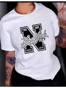 Camiseta con estampado de  Gráfico    Casual    Poliéster    mujer  Diario    primavera RUTF - Blanco - Ver 1
