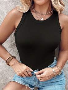 Top ajustado sin mangas de canalé para tallas grandes - Negro - Ver 4