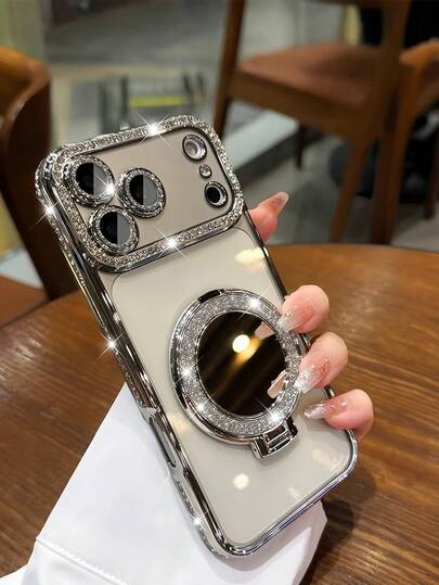 Luxury Sparkling Rhinestone Lens Protection Plated Anti-Drop Phone Case With Glitter Makeup Mirror Stand, Compatible With IPhone 17ProMax, 17Pro, 17, 16Promax, 15, 14 Plus, 13, 12 Pro Max, 11, 17Air, High-Quality Protective Cover