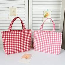 Women's Tote Bag - Plaid Series, Fresh And Portable Lunch Bag, Large Capacity Shopping Bag, Simple And Stylish Handbag For Moms And Students, Casual Bag For Strolls, Shoulder Bag, Versatile Daily Item, Suitable For Commuting To Work And School, Shopping And Strolling - 紅色網格 - 查看 3