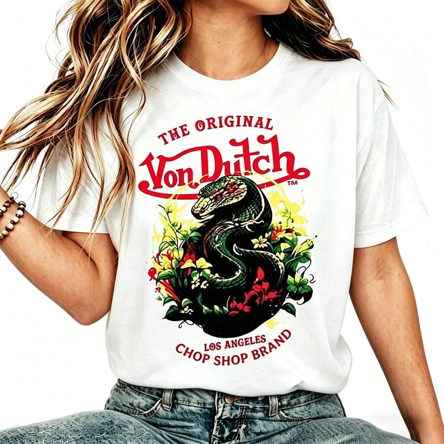 White 1pcs Women's Double Side Print Von Ditch Dragon Floral Design Red And Green Print Fabric Soft & Skin-Friendly Unisex Style Gifts For Spring Festival, Valentine's Day, St. Patrick's Day & World Cup-Van Dutch Dra Black T-Shirt,Man And Woman,White T-Shirt,Couple's Attire,Crop Top,All Saints' Day,Independence Day,Mothers Day Outfit,Free Shipping,Top For Woman,Vintage Clothes Women,Cotton Women Clothing,Y2k Clothes Women,Ofertas De Liquidacion,Camisas,Summer Outfits For Women,Vacation Outfits Women,Summer Clothes, Women,Festival Outfits,4th Of July,Concert Outfit Women,Festival Outfits For Women, - trắng - Xem 1