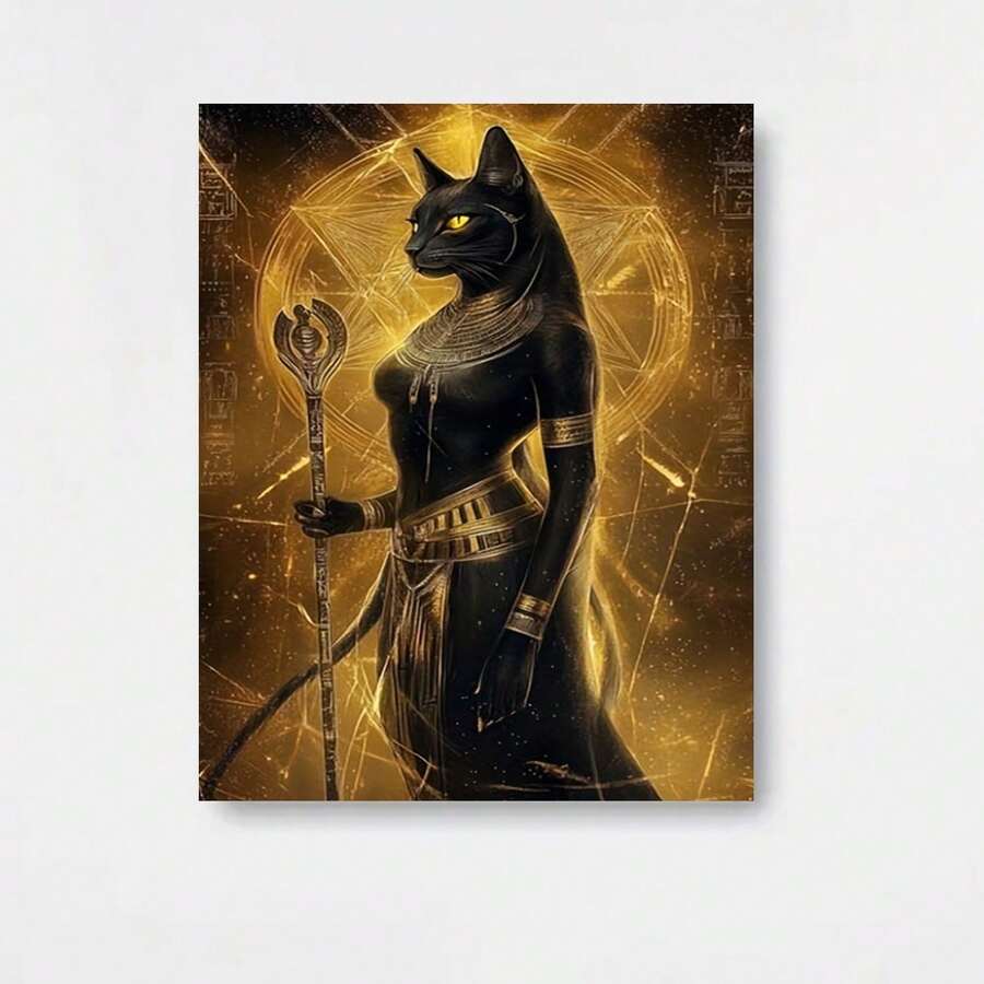1 Pieza de Arte de Pared de Gato Bastet Egipcio - Impermeable, Diosa de los Gatos del Antiguo Egipto, Impresión en Lienzo 2D Sin Marco para Decoración de Hogar, Oficina, Cafetería - Regalo Estético de Deidad Egipcia Adecuado para Dormitorio, Cocina, Aula - - Enmarcado - Ver 1