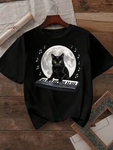 Black Cat Playing Keyboard Under Moon 180g Milk Silk Double Grinding Women's T-Shirt,Comfortable,Suitable,Casual Versatile Tops, Street Wear, Daily Outfits, Free Shipping - 黑色 - 查看 4