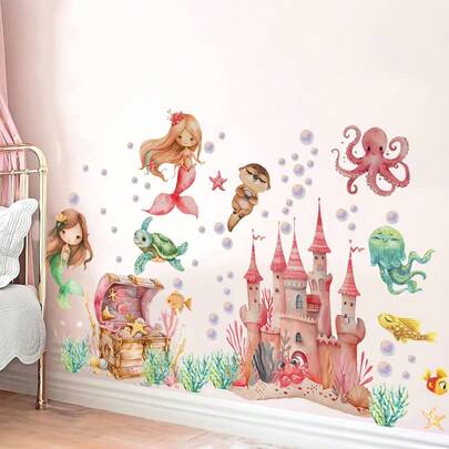 Mermaid Castel Ocean Fish Wall Stickers Turtle Seed Sea Life Coastal Wall Decals Bedroom Bathroom Living Room Home Wall Decor