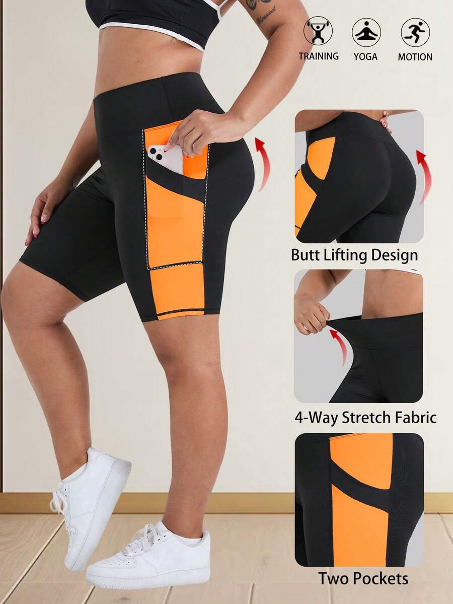 Women's Plus Size Spring/Summer New High Waist Butt Lifting Fitness Shorts, Cycling Shorts, Sports Tight Shorts, High Waist Yoga Shorts, Contrast Color Design, With Pockets, Suitable For Sports, Running, Fitness And Various Occasions