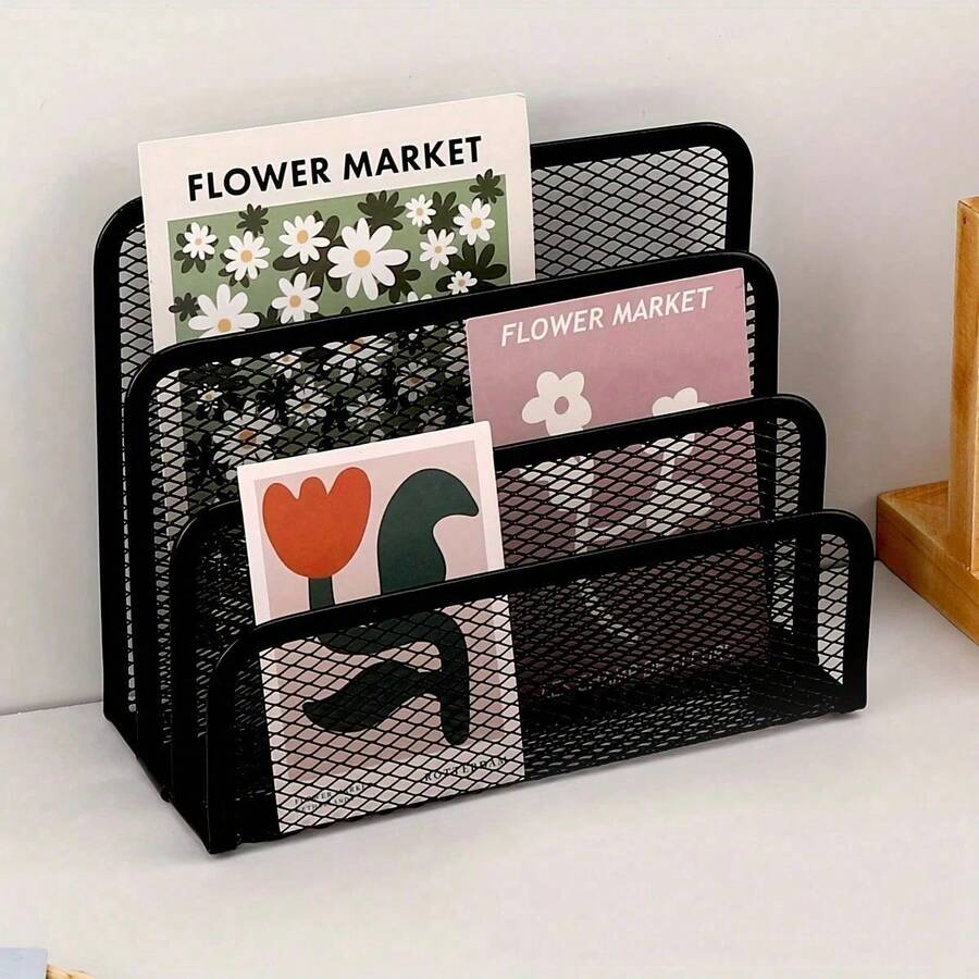Multifunctional Metal Mesh Desktop Organizer With Bookshelf, Space-Saving Freestanding Storage Rack, Stationery Holder, File Organizer, Suitable For Home Office, Teachers And Artists, Compact Vertical Storage Design, Ideal For Home And Office Decor - Multicolor - View 1