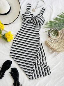 Vestido midi sin mangas a rayas en blanco y negro, diseño retorcido en pecho y abertura lateral ajustado elegante, ideal para uso diario, vacaciones y citas de primavera y verano - Multicolor 2 - Ver 1