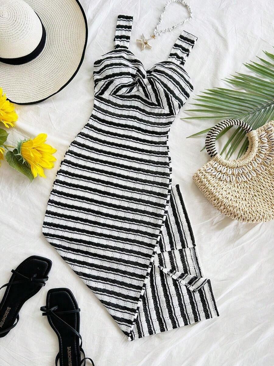 Vestido midi sin mangas a rayas en blanco y negro, diseño retorcido en pecho y abertura lateral ajustado elegante, ideal para uso diario, vacaciones y citas de primavera y verano - Multicolor 2 - Ver 1
