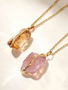 1件不对称镀金边天然石吊坠紫水晶玫瑰石英吊坠项链首饰礼品 - 不規則金邊 - 查看 1