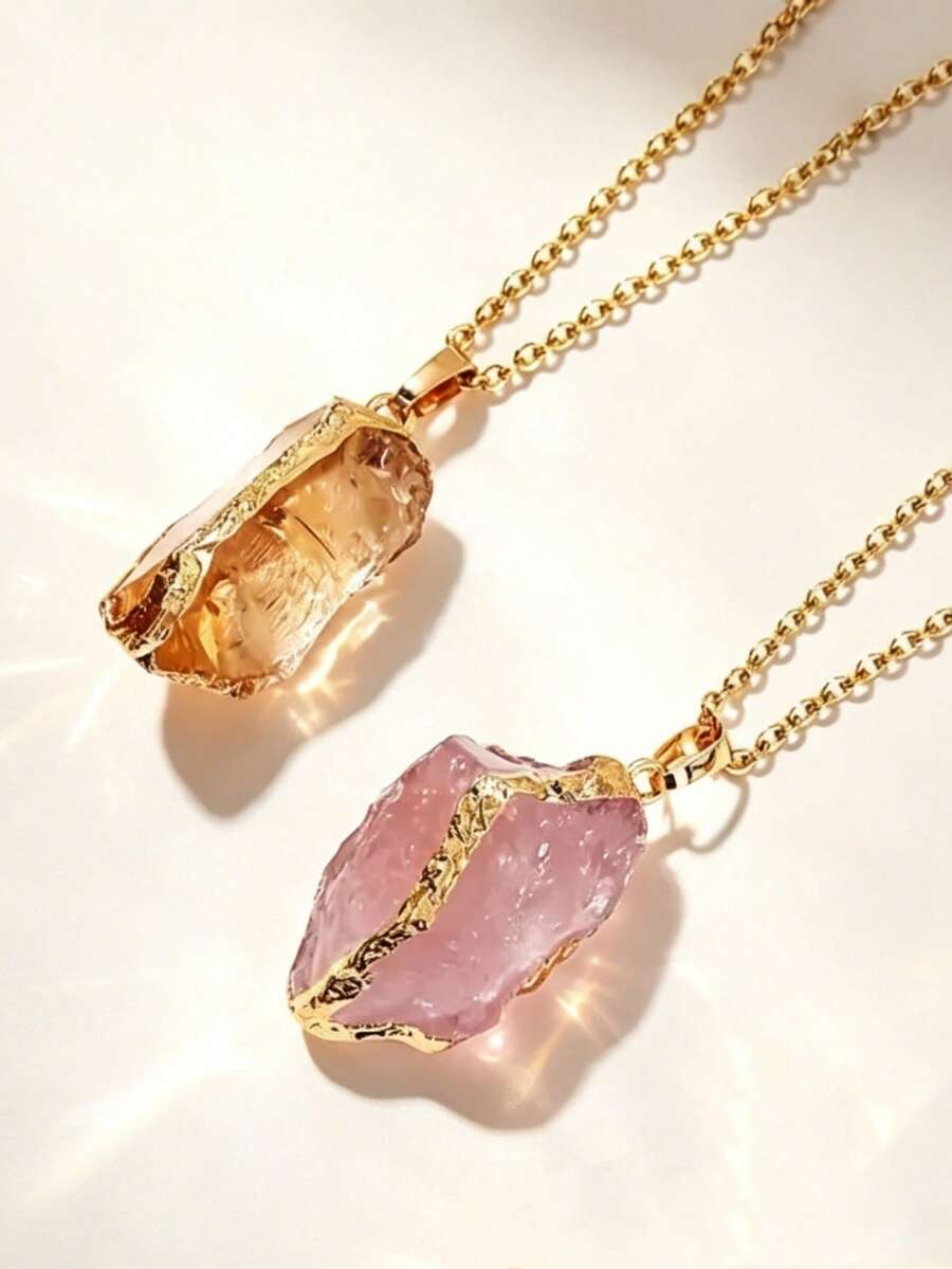 1件不对称镀金边天然石吊坠紫水晶玫瑰石英吊坠项链首饰礼品 - 不規則金邊 - 查看 1