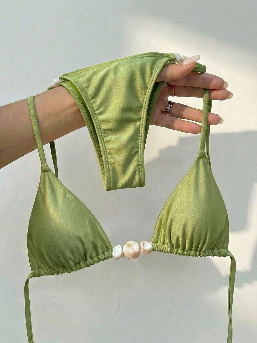 Bikinx Women's Solid Color Halter Backless Beaded Bikini Set With Tie Back And High Stretch Fabric - Green - View 1