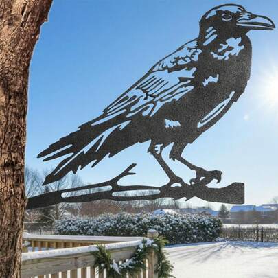 Black Metal Raven Silhouette Wall Art, Weatherproof Outdoor Tree & Fence Decor, Laser Cut Raven Ornament For Garden Patio Backyard, Spiritual Home Decor For Bird Lovers