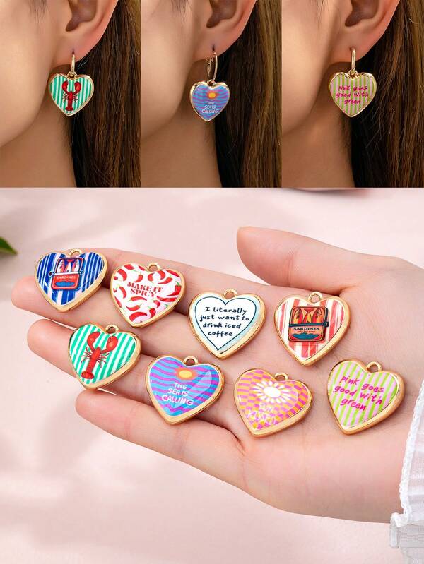 1 Pc Enamel Heart Charms For Jewelry Making, Mixed Pattern Pendants For DIY Necklace Bracelet Earrings Crafts Supplier - Slogan, Sardine Fish, Lobster, Chilli Ocean Theme DIY Findings