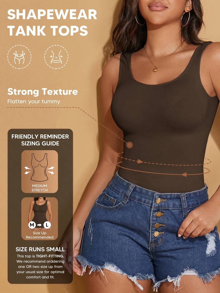 Women's Crew Neck Seamless Slimming Sports Camisole Casual Summer - Coffee Brown - View 1