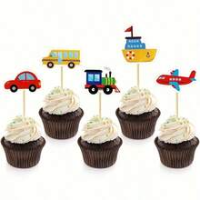 10pcs Transportation Themed Cake Decorations Set, Cartoon Car, Train, Airplane, School Bus And Ship Shaped Cupcake Toppers, Birthday Party Supplies, Traffic Vehicles Cake Picks - Classic Vehicles - View 8