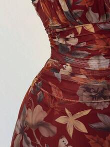 Vestido mini halter retro estampado otoñal con pliegues para mujer - Burdeos - Ver 9
