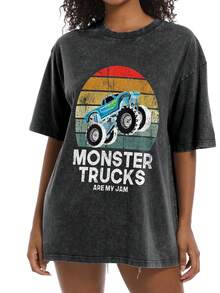 Monster Truck Are My Jam Retro Sunset Cool Engines  Washed Effect Oversized T Shirt Unisex Casual Short Sleeve Crew Neck Tee For Daily Wear And Streetwear Cosplay, - màu đen - Xem 3