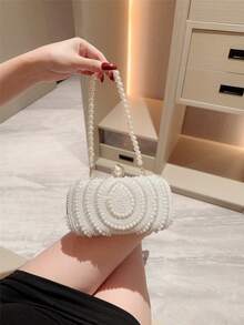1 chiếc ví cầm tay dự tiệc hình hộp sang trọng đính ngọc trai giả, túi dự tiệc trang trọng, túi xách cô dâu lãng mạn, ví cầm tay đính đá lấp lánh cao cấp, ví dự tiệc cho nữ. - trắng - Xem 3