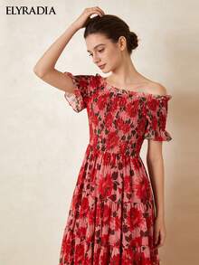 ELYRADIA Váy maxi nữ đi biển mùa hè phong cách Bohemian, trễ vai, xòe gấu, dáng suông thoải mái - Đỏ - Xem 5