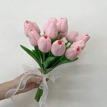 Textura realista, adecuada para novia/dama de honor de boda, ramo de novia artificial de tulipanes blancos y rosa caramelo hechos a mano, accesorios de boda, decoración para el hogar, fiesta de boda, Día de San Valentín - Blanco - Ver 10
