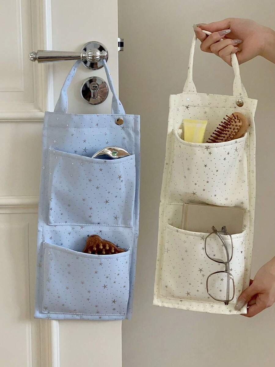 1 Buah Organizer Gantung di Atas Pintu Motif Bintang dengan 2 Kantong, Tas Penyimpanan Dinding Serbaguna, Tas Gantung untuk Perlengkapan Rumah Tangga, Pakaian Dalam, Kaos Kaki, dan Kantong Sampah