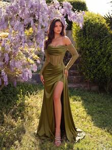 ADYCE Đầm dạ hội maxi dài tay lệch vai thanh lịch, phối ren, xẻ tà, thắt eo bằng ruy băng, thích hợp cho dạ hội, tiệc sinh nhật, hẹn hò, họp mặt gia đình, dự đám cưới, tiệc tối trang trọng mùa xuân. - xanh quân đội - Xem 5