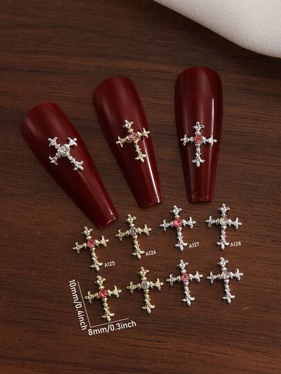 10pcs Rhinestone Alloy Cross Metal Nail Art Decorations, Gothic Style Fake Nails DIY Decals