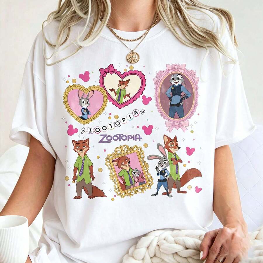 Disney Loose Oversize Coquette Zootopia Shirt, Judy Hopps Nick Wilde Tee, Retro Pastel Aesthetic Top, Kawaii Cartoon Graphic Tee, Zootopia Vintage Animal Shirt - 白色 - 查看 1