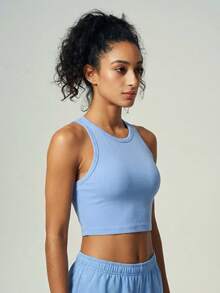 I-Shaped Back Ribbed Crop Top, Seamless Workout Tank Sports - Blue - View 5
