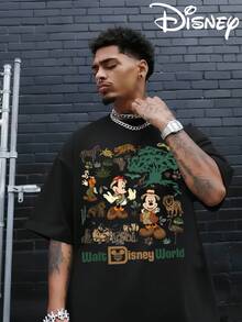 Disney Authorized Mickey Mouse Cartoon Pattern And Mickey Letter Print, Men's Black Pure Cotton Short Sleeved T-Shirt, Breathable White Short Sleeved T-Shirt, Suitable For Summer Wear, Neutral, Regular Round Neck Casual Style, Washable, Comfortable And Loose. - màu đen - Xem 1