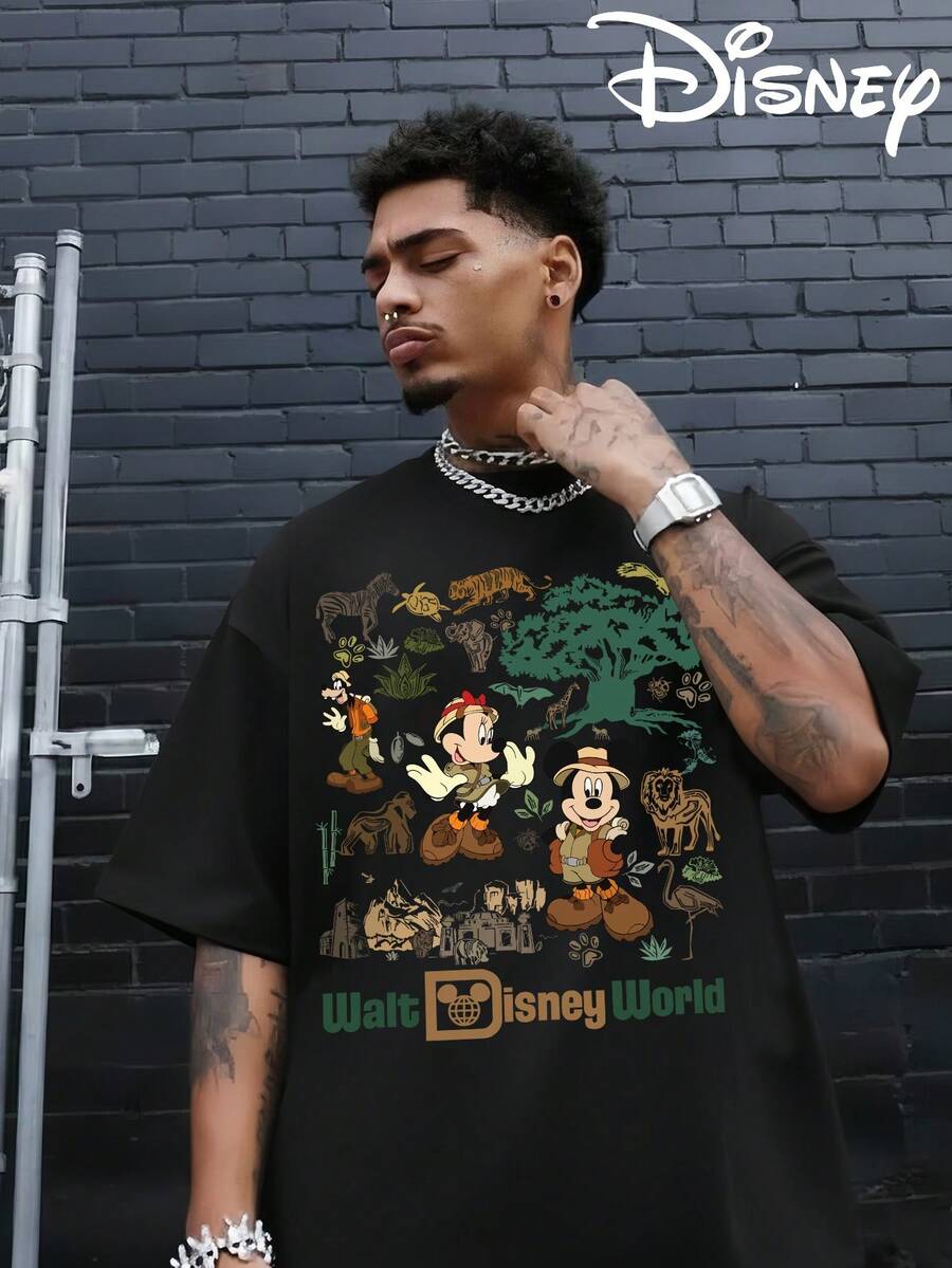 Disney Authorized Mickey Mouse Cartoon Pattern And Mickey Letter Print, Men's Black Pure Cotton Short Sleeved T-Shirt, Breathable White Short Sleeved T-Shirt, Suitable For Summer Wear, Neutral, Regular Round Neck Casual Style, Washable, Comfortable And Loose. - màu đen - Xem 1
