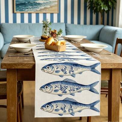 1pc Ocean Fish Pattern Table Runner, Modern Style, Daily Home Kitchen Decor, 1pc Table Runner, 4pcs Placemats, 1pc Cushion Cover, Multiple Products Available, Home Decor Indoor/Outdoor Party Supplies, Room Decoration. Suitable For Daily Home Kitchen Decor And Event Party Decoration