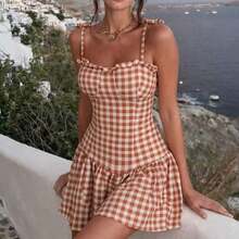 Sexy Women's Short Plaid Dress With Ruffle Detail At The Bust And Adjustable Straps. 275 Plaid - kẻ caro màu cam - Xem 2