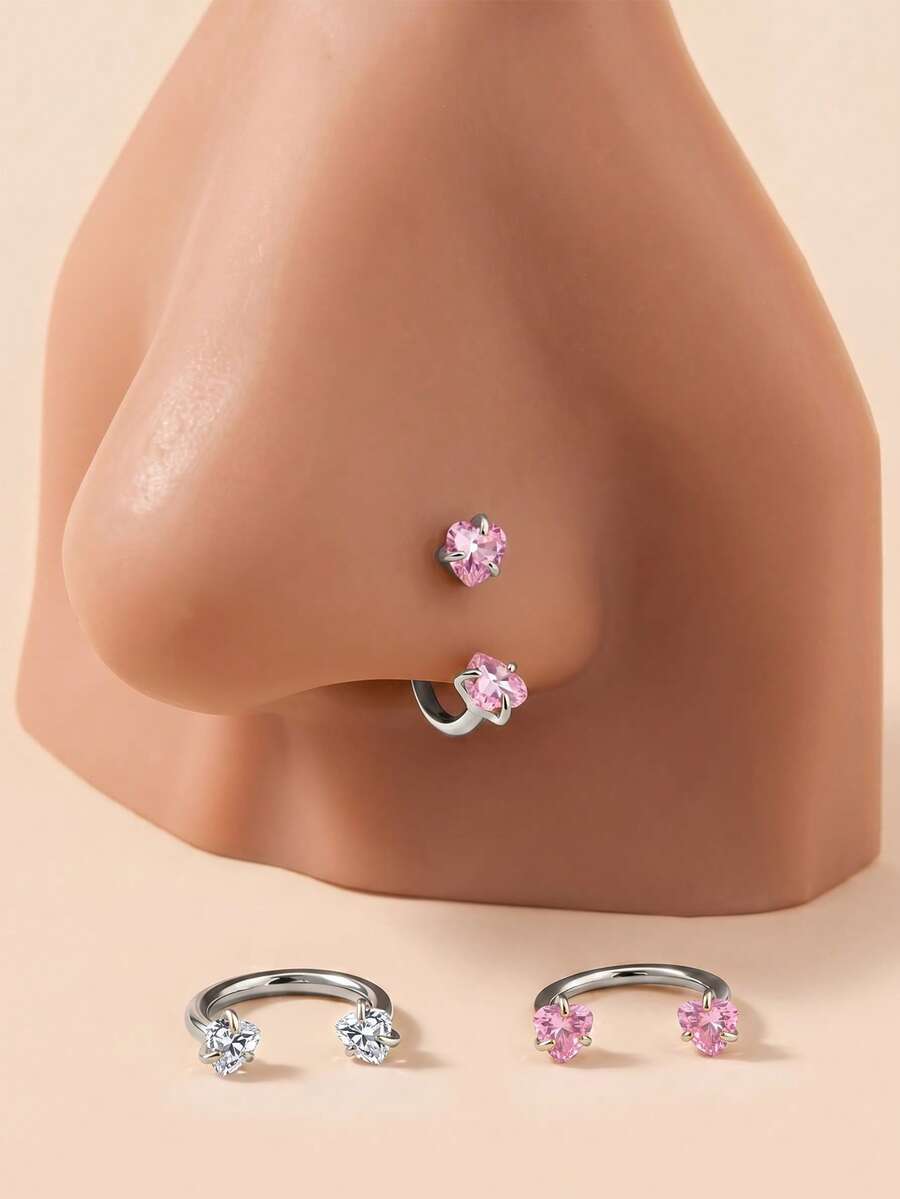 AVYRING 1Pc Stainless Steel Nose Ring With Heart & Very Shiny Cubic Zirconia – Available In Gold & Silver, Perfect For Daily, Party & Vacation – Women's Body Jewelry Accessory, Gift For Friend (1mm Post Thickness) - Multicolor - View 1
