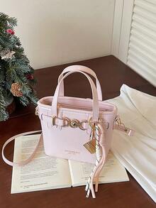 Faux Leather Solid Color Mini Bucket Bag, Versatile Casual Handbag & Shoulder Bag - Pink - View 6