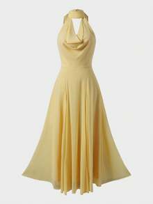 Solid Color Casual Elegant Party Halter Backless Long Dress, Women's Slimming Resort Evening Gown - Yellow - View 7