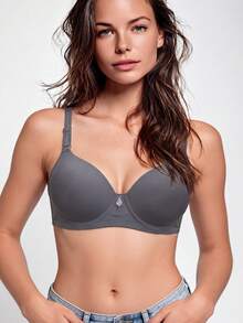 1 pièce Soutien-gorge confortable et décontracté pour femmes, sans fil, avec bonnet souple, de couleur unie - Gris - Voir 4