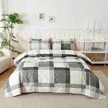 Juego de Ropa de Cama Estampado de Cuadros Clásicos Sabanas , Incluye Sábana Bajera Colcha con Altura de 30cm,   Sábana Encimera y Fundas, Microfibra Hipoalergénica Antiarrugas, Tamaños Individual Matrimonial Queen King - Gris - Ver 2