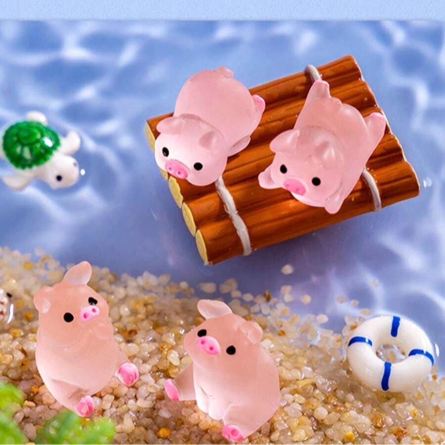 Glow In The Dark Cute Pink Pig Figurines, Mini Resin Pig Miniatures With Multiple Adorable Styles (Swimming, Sitting, Rafting, Lying), Waterproof Luminous Pig Ornaments With Frosted Matte Texture, Durable Resin Statues For DIY Micro Landscape - One Size - View 1