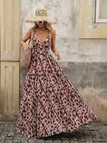 Vestido sin mangas de cuello en V con estampado total para vacaciones de verano de mujer - Rosa - Ver 1