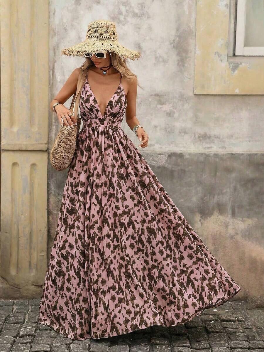 Vestido sin mangas de cuello en V con estampado total para vacaciones de verano de mujer - Rosa - Ver 1