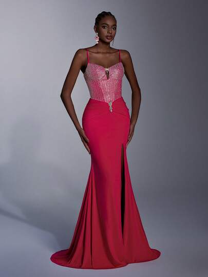AOSHABABI 紫红色细肩带拖尾晚礼服，水钻缀饰领口，手工蝴蝶装饰，大腿高开叉鱼尾下摆，露背系带设计，凸显腰线。适合正式场合、音乐节、庆典、婚礼、节日派对、毕业典礼、鸡尾酒会、约会、度假和伴娘礼服。