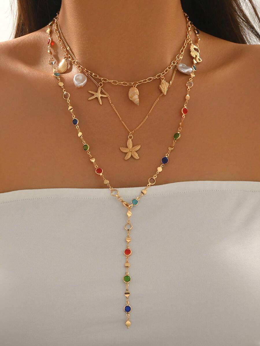 3pcs/Set Kalung Kristal Warna-warni, Kalung Liontin Makhluk Laut Mutiara Imitasi Berlapis-lapis, Dekorasi Serbaguna untuk Pemakaian Sehari-hari, Liburan, dan Fotografi. Panjang Rantai dan Warna Kristal Buatan Tangan Bervariasi Secara Acak. - MultiWarna - View 1