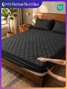 1pc Waterproof Solid Color Bedsheet, Bedding, Available In Multiple Colors, Soft & Comfortable, Skin-Friendly Mattress Protector, Made Of Modern Minimalist Fabric, Suitable For Twin, Full, Queen, King Beds, Machine Washable, Dust-Proof Protection, Includes 1 Bedsheet Only (No Pillowcase Or Pillow), Bedroom Decor, Room Decor, Bed Cover, Black, Oeko-Tex Certified - Black - View 2