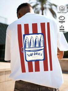 Men's Summer Vacation Suit, Sardines Print, 100% Soft And Breathable Cotton, Loose Style, Minimalist Style, Casual Style, Holiday Style, Country Style, Fun Vertical Stripe Print, Suitable For Casual Holiday Gifts, Father's Day Gifts, Men's Summer Outfit. - White - View 8